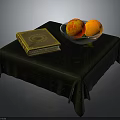 Green Tablecloth Covered Table With Golden Book Fruit Bowl For Home Living
