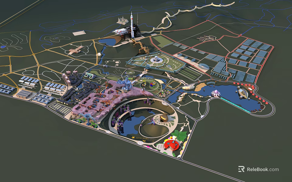 Amusement Park 3D Master Plan With Themed Zones Water Features Ferris Wheel And Lush Green Areas 3d model 