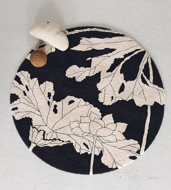 Round Black and Beige Leaf Pattern Rug for Modern Home Decor 3d model