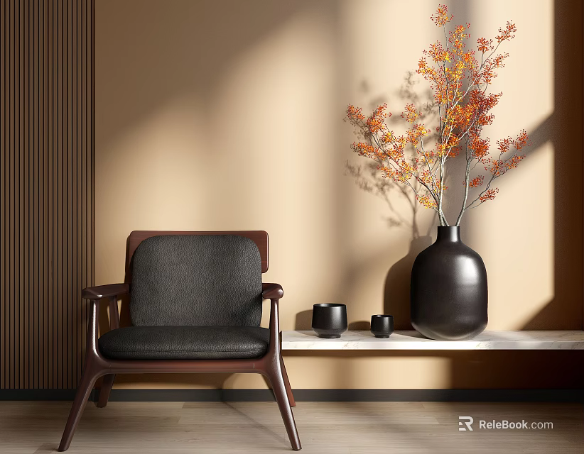 Modern Leisure Chair with Fabric and Wooden Accents Near Wall with Black Vase and Orange Flowers 3d model 