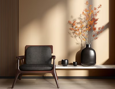 Modern Leisure Chair with Fabric and Wooden Accents Near Wall with Black Vase and Orange Flowers 3d model