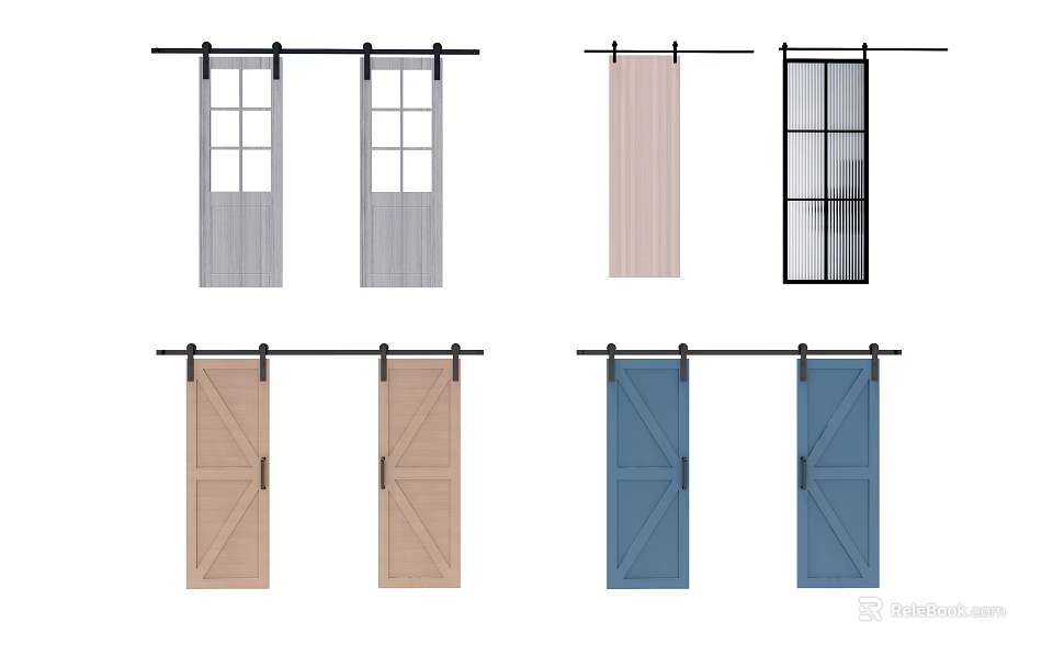 Various Design Barn Doors With Glass Panels And Wooden Frames In Different Colors 3d model 