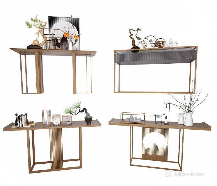 Modern Chinese Style Console Table With Potted Plants Decorative Items And Mountain Patterns 3d model