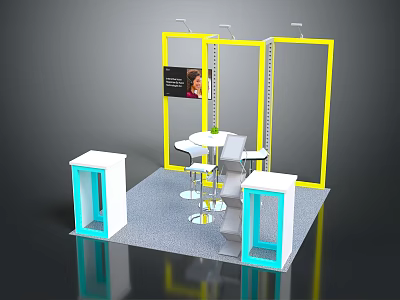 Modern Display Cabinets and Shelves with Yellow Frames and Round Table in Exhibition Area 3d model