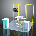 Modern Display Cabinets and Shelves with Yellow Frames and Round Table in Exhibition Area