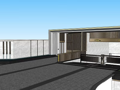 Modern Entrance Gate Design With Wooden Panels Glass Railing And Paved Courtyard 3d model