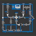 Industrial Equipment With Blue Frame Pipes Valves And Control Panel