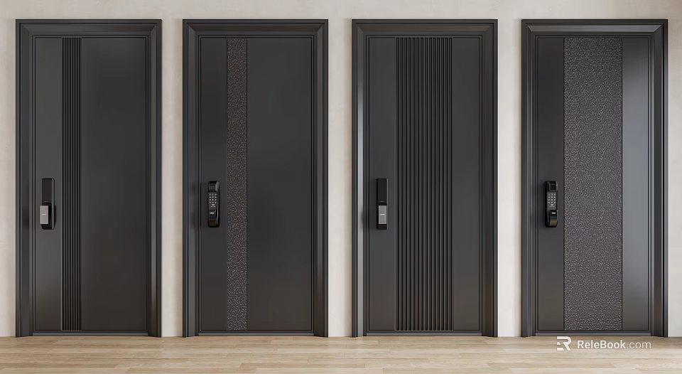 Various Modern Black Security Doors Featuring Textured Patterns And Sleek Handles 3d model