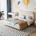 Cute Kids Bed With Pink Cat Ear Headboard Blue Brown Blanket And Hot Air Balloon Moon Cloud Mural