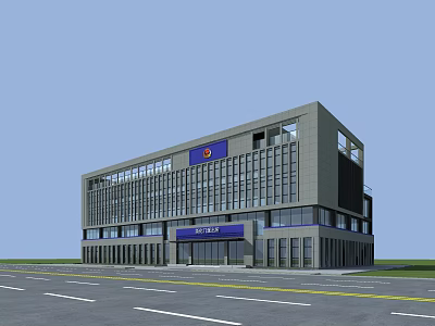 Modern Multi Storey Office Building With Large Glass Windows And Blue Signage 3d model