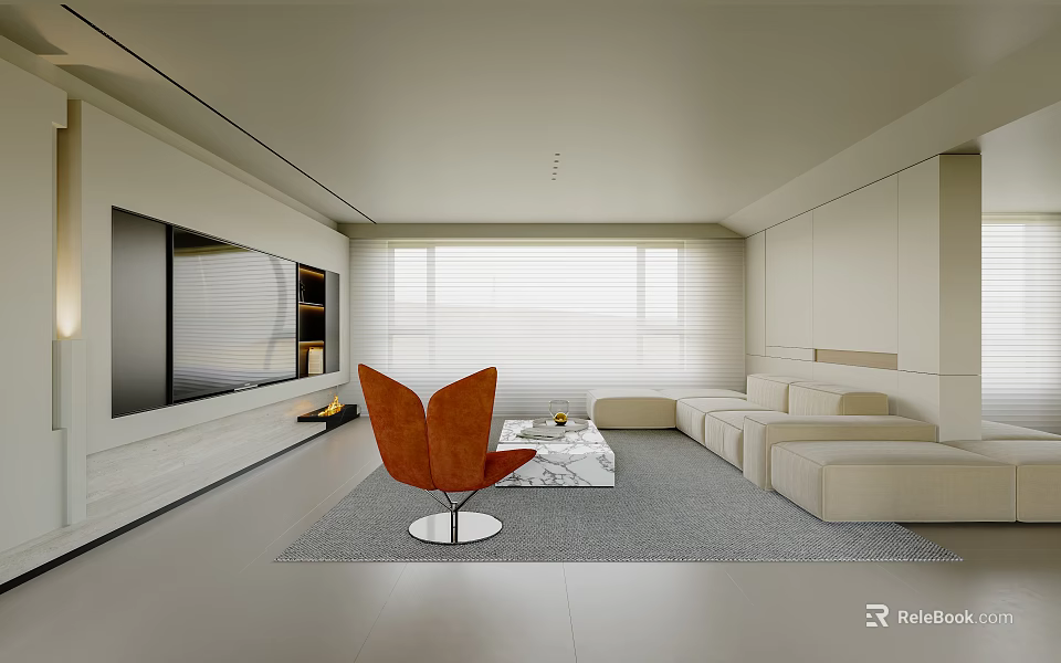 Modern Open Living Dining Area White Interior With Orange Chair Sofa Coffee Table TV Blinds 3d model 