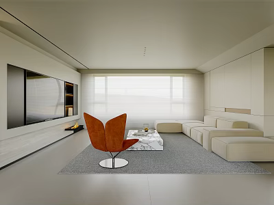 Modern Open Living Dining Area White Interior With Orange Chair Sofa Coffee Table TV Blinds 3d model