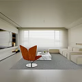 Modern Open Living Dining Area White Interior With Orange Chair Sofa Coffee Table TV Blinds