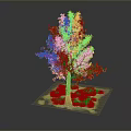 Autumn Tree with Red and Orange Leaves Brown Trunk and Green Grass on Gray Background