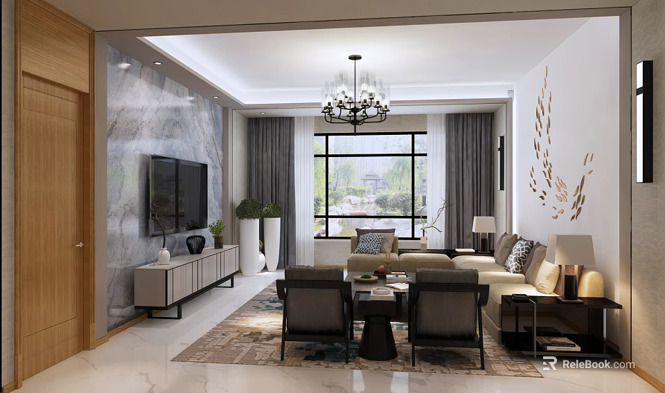 Modern Dining Room Interior With Stylish Dining Table Chandelier And Wall Decor 3d model 