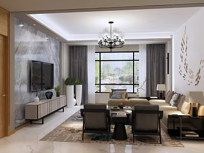 Modern Dining Room Interior With Stylish Dining Table Chandelier And Wall Decor 3d model