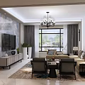 Modern Dining Room Interior With Stylish Dining Table Chandelier And Wall Decor