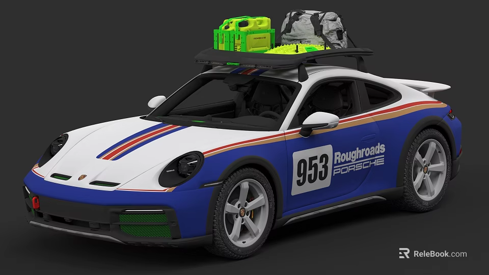 Blue And White Porsche Car With Roof Rack Green Gray Luggage Roughroads 953 3d model 