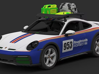 Blue And White Porsche Car With Roof Rack Green Gray Luggage Roughroads 953 3d model