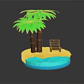 Tropical Island Scene With Palm Trees Wooden Chair Sandy Beach And Clear Water