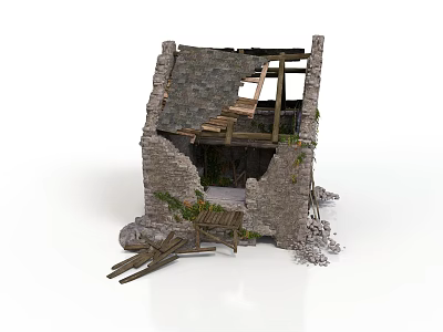 Old Stone House Ruin With Broken Walls Wooden Beams And Scattered Debris 3d model