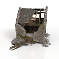 Old Stone House Ruin With Broken Walls Wooden Beams And Scattered Debris