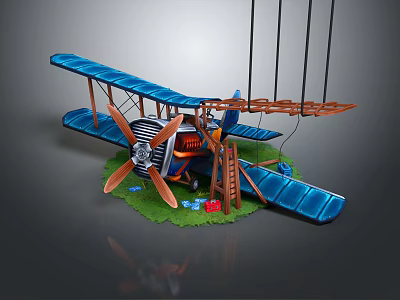 Blue Biplane Model With Wooden Ladder Green Grass Red Flowers And Control Strings 3d model