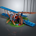 Blue Biplane Model With Wooden Ladder Green Grass Red Flowers And Control Strings