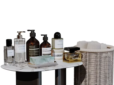 Stylish Bathroom Ensemble With Marble Countertop Assorted Bath Bottles Wicker Basket And Rolled Towels 3d model