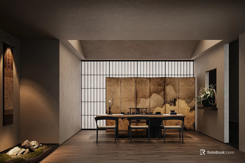 Japanese Tea Room Interior With Shoji Screen Wooden Table Chairs And Decorative Rocks 3d model 
