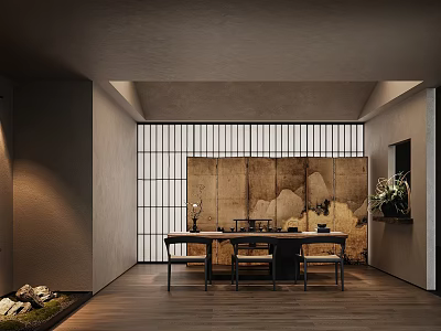 Japanese Tea Room Interior With Shoji Screen Wooden Table Chairs And Decorative Rocks 3d model