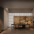 Japanese Tea Room Interior With Shoji Screen Wooden Table Chairs And Decorative Rocks