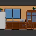 Cozy Kitchen Interior With Yellow Walls Brown Cabinets White Refrigerator And Checkered Floor