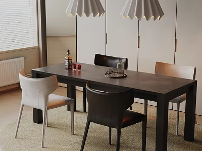 Stylish Dining Table Set with Black White Chairs Pendant Lights and Wine Items on Dark Table 3d model