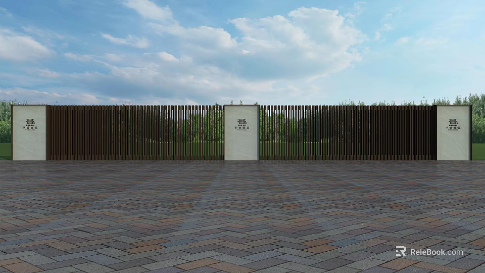 Modern Building Exterior Wall Featuring Dark Vertical Slats And Central White Door 3d model 