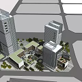 Modern Commercial Street Featuring Retail Shops Pedestrians Benches Fountains and Greenery