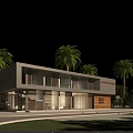 Modern Office Building With Large Glass Facade Surrounded By Palm Trees Lawn And Flagpoles