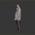Standing Man In Light Coat And Shirt With Dark Pants Against Gray Background
