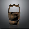 Rustic Wooden Bucket With Curved Handles Natural Grain And Metal Hoop
