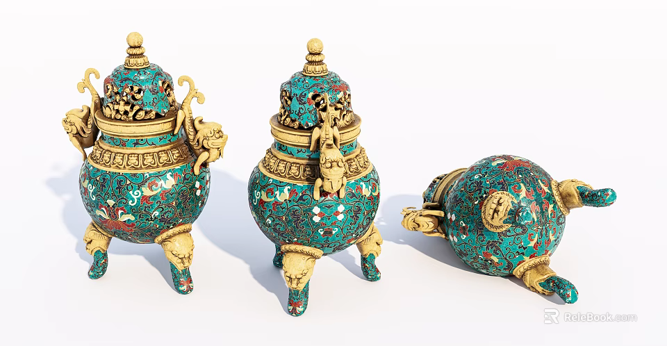 Traditional Green Gold Ceramic Vessels With Intricate Carvings Animal Motifs And Lids 3d model 