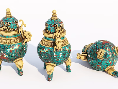 Traditional Green Gold Ceramic Vessels With Intricate Carvings Animal Motifs And Lids 3d model