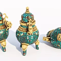 Traditional Green Gold Ceramic Vessels With Intricate Carvings Animal Motifs And Lids