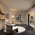 Modern Café Interior With Chandelier White Curtains Large Windows Sofa And Rug