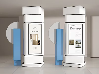 Modern White And Blue Columns With Experience Cosmic Water Posters In Interior 3d model