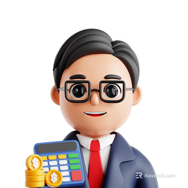 Cartoon Man Wearing Glasses Suit And Red Tie Holding Calculator With Coins 3d model 