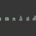 European Style Architecture Miniature Models Arranged With Turquoise And Gold On Black Background