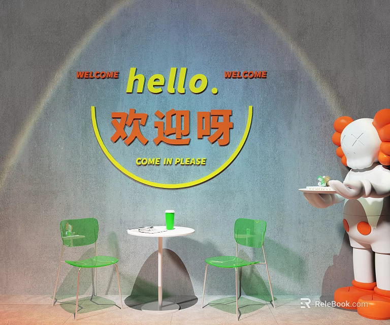 Welcome Background Wall Featuring Hello Welcome Text Rainbow Light Green Chairs Table And Cartoon Doll 3d model