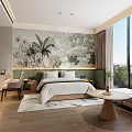 Hotel Room Interior with Tropical Leaves Mural King Bed City View Sofa and Desk