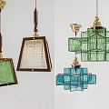 Vintage Glass Chandeliers With Colored Panels Geometric Design And Wooden Frames