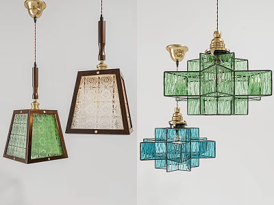 Vintage Glass Chandeliers With Colored Panels Geometric Design And Wooden Frames 3d model